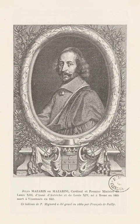 Pierre Mignard, Jules Mazarin ou Mazarini, Cardinal et Premier Ministre de Louis XIII, d'Anne d'Autriche et de Louis XIV, né à Rome en 1602, mort à Vincennes en 1661 BOYER 1743