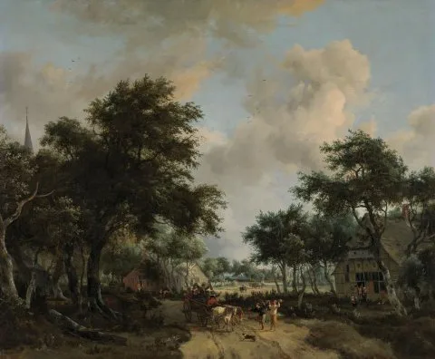 Meindert Hobbema, Wooded Landscape with Merrymakers in a Cart
