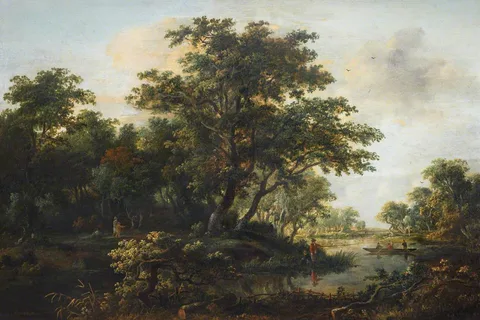 Meindert Hobbema, A Wooded River Valley with Two Fishermen