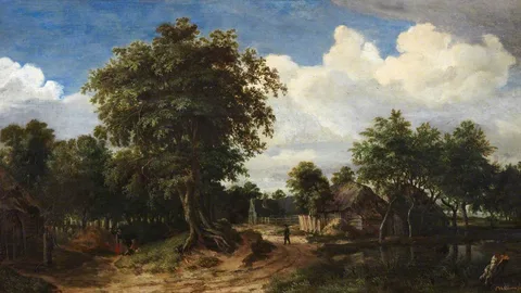 Meindert Hobbema, A Woody Lane, with a Thatched Cottage and a Pool