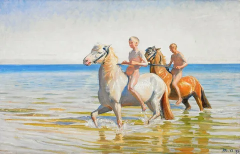 Michael Ancher, Boys ride horses to water. Skagen, 1900