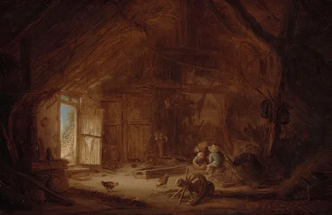 Isaac van Ostade, Interior of a barn with three children