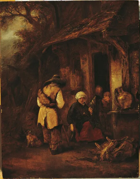 Isaac van Ostade, Traveler approaching a seated woman at a farm