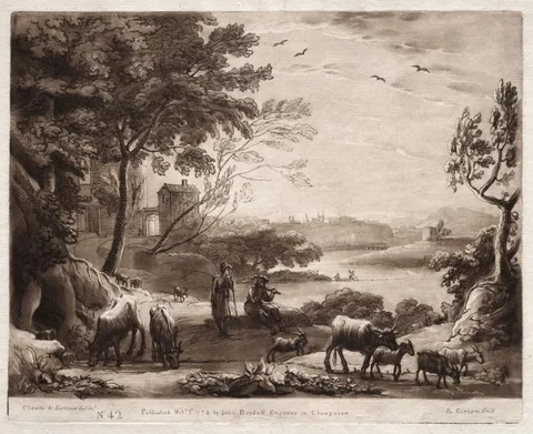 Richard Earlom, Liber Veritatis:  No. 42, A River Landscape with a Shepherd and Shepherdess and a Herd of Cattle
