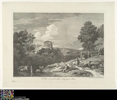 Giovanni Volpato, Landscape with farm, cattle and equestrians