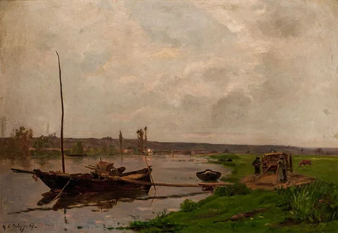 Hippolyte Camille Delpy, River landscape with a boat