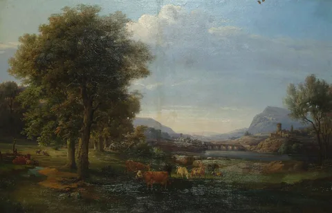 Ernst Erwin Oehme, Extensive landscape with cattle in the foreground, a village beyond