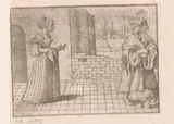 Caspar Merian, Erasmus stapt, terwijl hij zich omdraait naar een mooie vrouw, in een mand met eieren