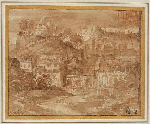 Sébastien Bourdon, A Classical Landscape with Buildings by a River