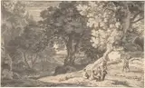 Herman van Swanevelt, A Wooded Landscape with Travellers by the Roadside, a Stream beyond