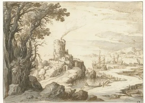 Paul Bril, Gezicht op een kust met een donjon of vuurtoren