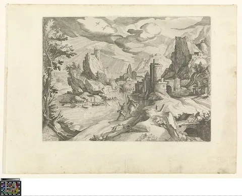 Paul Bril, Rocky riverlandscape with harbour