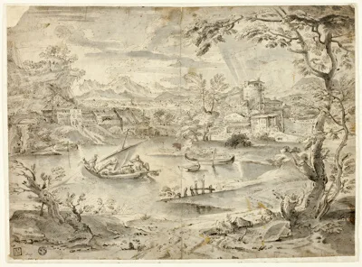 Paul Bril, View of City with Fishing Boat in Foreground