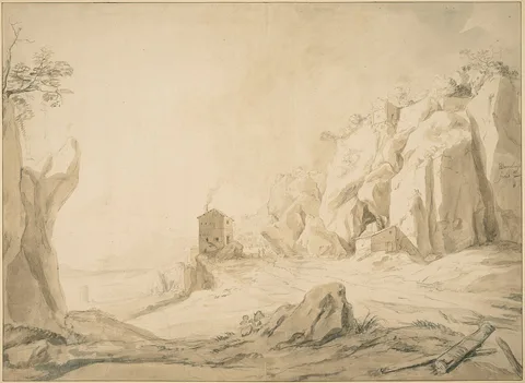 Bartholomeus Breenbergh, Landscape with a Road below Cliffs near Bracciano