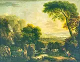 George Barret, An Italianate wooded river landscape with travellers, revellers and a waterfall.