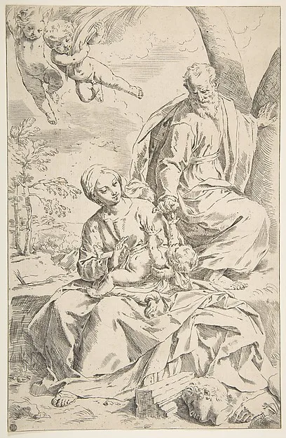 Simone Cantarini, Rest on the flight into Egypt, Mary holding the infant Christ while St. Joseph hands him a fruit
