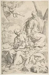 Simone Cantarini, Rest on the flight into Egypt, Mary holding the infant Christ while St. Joseph hands him a fruit