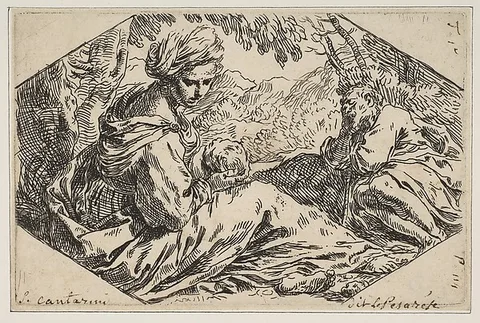 Simone Cantarini, Repose in Egypt, Mary holding and looking at the infant Christ while St. Joseph sleeps