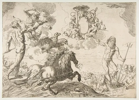 Simone Cantarini, Jupiter, Neptune, and Pluto offering their crowns to the arms of Cardinal Borghese