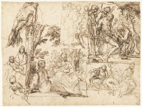 Simone Cantarini, Schetsblad met verschillende composities, waaronder een Bewening