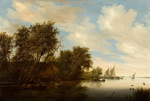Salomon van Ruysdael, River View with a Man Hunting Ducks