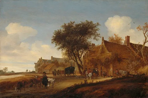 Salomon van Ruysdael, A village inn with stagecoach