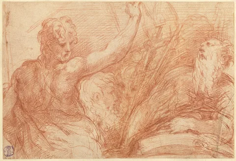 Parmigianino, Studies of Saints John the Baptist and Jerome, a Crucifix, and Various Heads (recto); Studies of the Christ Child, a Crucifix, a