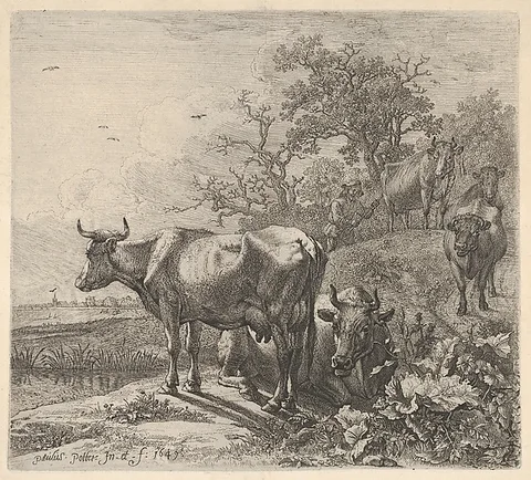 Paulus Potter, Cowherd driving three horned cattle before him; below, in the foreground, a recumbent steer and a standing steer, marsh and trees beyond