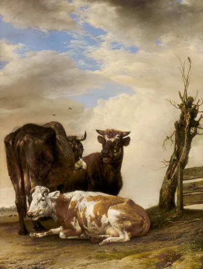 Paulus Potter, Two Cows and a Young Bull beside a Fence in a Meadow