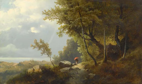 Josef Thoma, A wooded landscape with woman walker