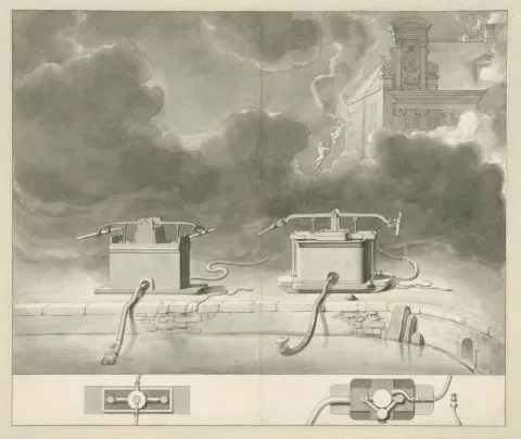 Jan van der Heyden, Twee brandspuiten aan de kant van een gracht