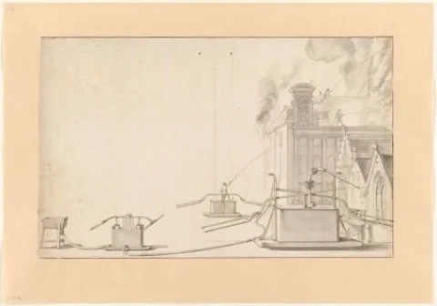 Jan van der Heyden, Drie brandspuiten en een brandend gebouw