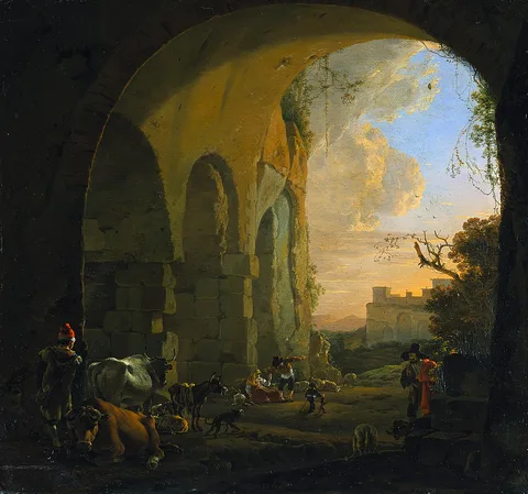 Jan Asselijn, Drovers with cattle under an arch of the Colosseum in Rome