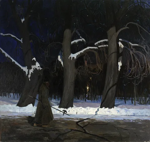 Henryk Szczyglinski, Winter landscape at night with a halberdier