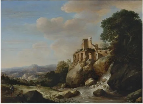 Herman Saftleven, A wide landscape with travellers, a river and a ruin