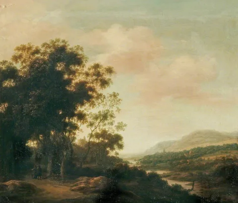 Herman Saftleven, An Extensive River Landscape with Figures on a Road, a Wood to the Left