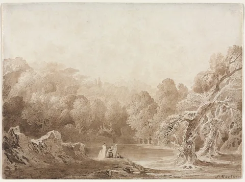John Martin, A Man Playing a Harp with other Figures beside a Lake