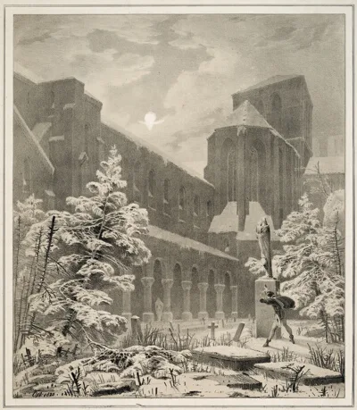 Carl Blechen, Church and Graveyard in the Snow by Moonlight