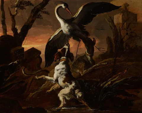 Abraham Hondius, Three dogs attacking a crane in a landscape