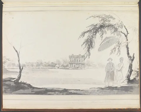 William Hodges, View of Warren Hastings' House at Alipur and two figures in the foreground