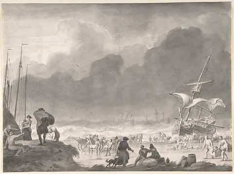 Ludolf Backhuysen, A Ship Wrecked on a Shore on a Stormy Night, with Survivors Salvaging Their Goods