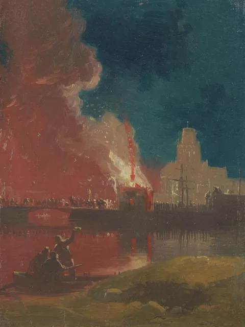 James Baker Pyne, The Burning of the Toll-Houses on Prince Street Bridge with St Mary Redcliffe, Bristol