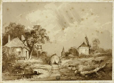 Thomas Colman Dibdin, Cart on Road Flanked by Inn and Windmill