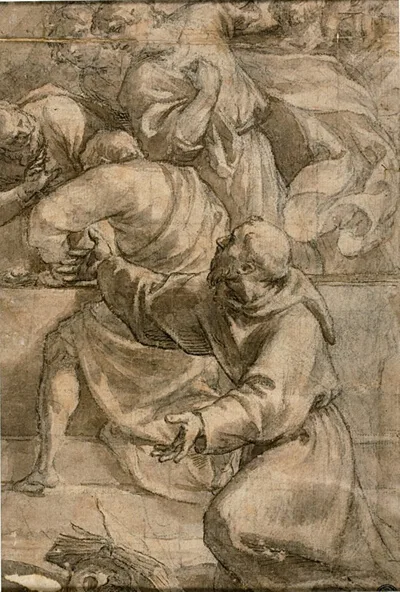 Alessandro Turchi, Fragment of an Assumption (?) Scene: Apostles, with Saint Francis of Assisi in the Foreground