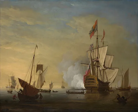 Peter Monamy, Harbor Scene: An English Ship with Sails Loosened Firing a Gun