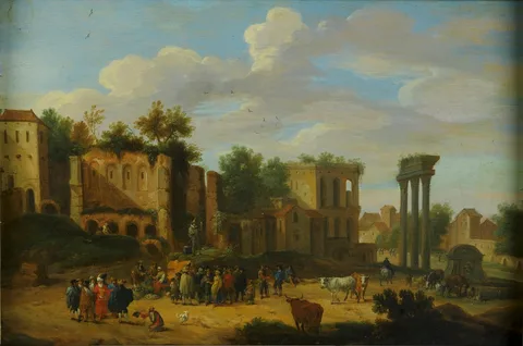 Mathys Schoevaerdts, Landscape: ruins with people on market