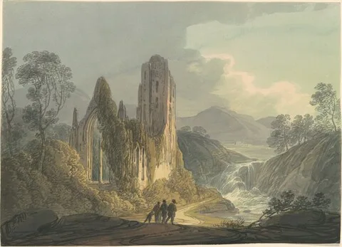 William Payne, A Ruined Abbey by a Waterfall