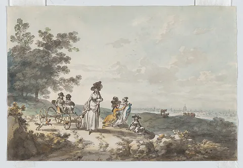 Julius Caesar Ibbetson, View of London with St. Paul’s in the distance: woman and children with a baby carriage