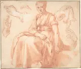 Abraham Bloemaert, Study of a Seated Woman and Five Studies of Hands; Verso: Landscape with a Road and a Tree to the Right