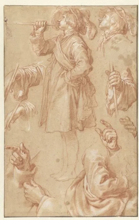 Abraham Bloemaert, Studies van een staande trompetter en studies van handen en armen